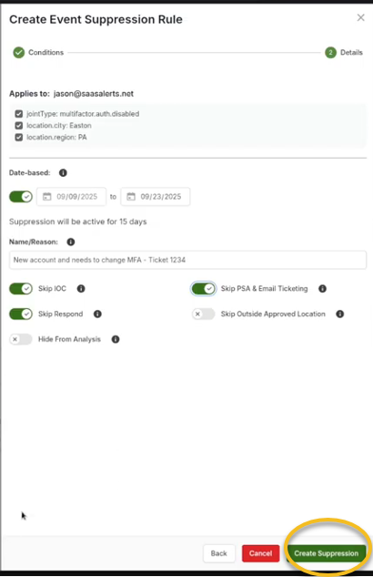 Advanced alert suppression